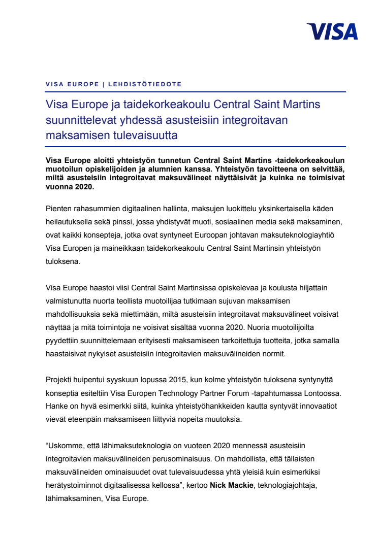 Visa Europe ja taidekorkeakoulu Central Saint Martins suunnittelevat yhdessä asusteisiin integroitavan maksamisen tulevaisuutta