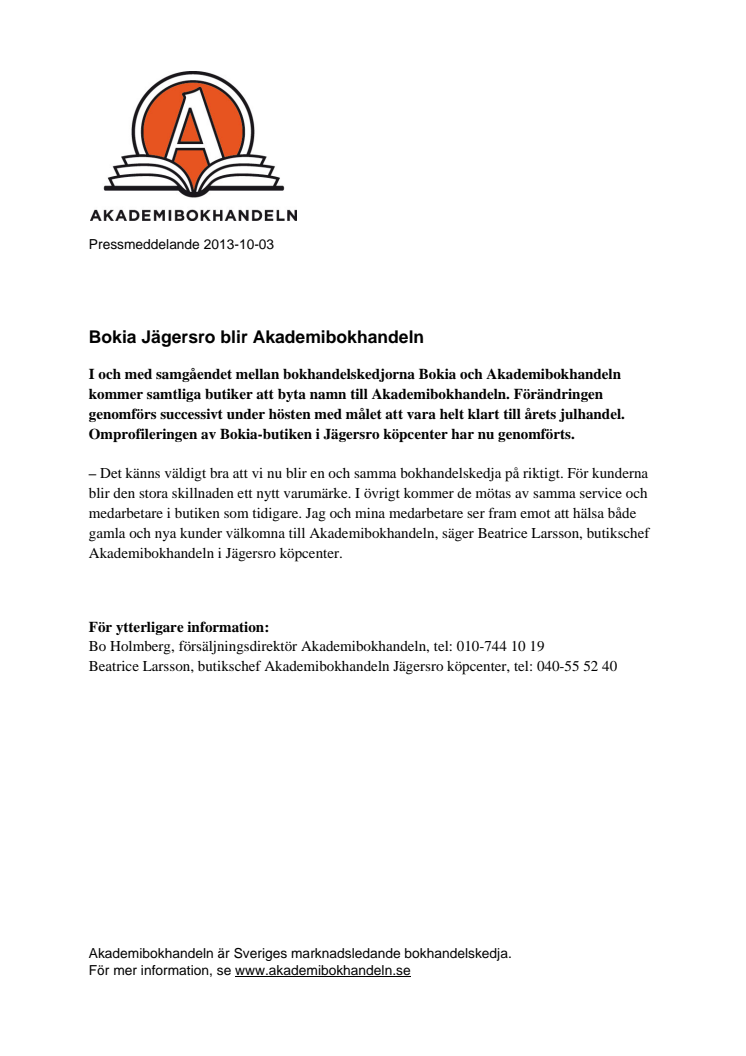 Bokia Jägersro blir Akademibokhandeln 