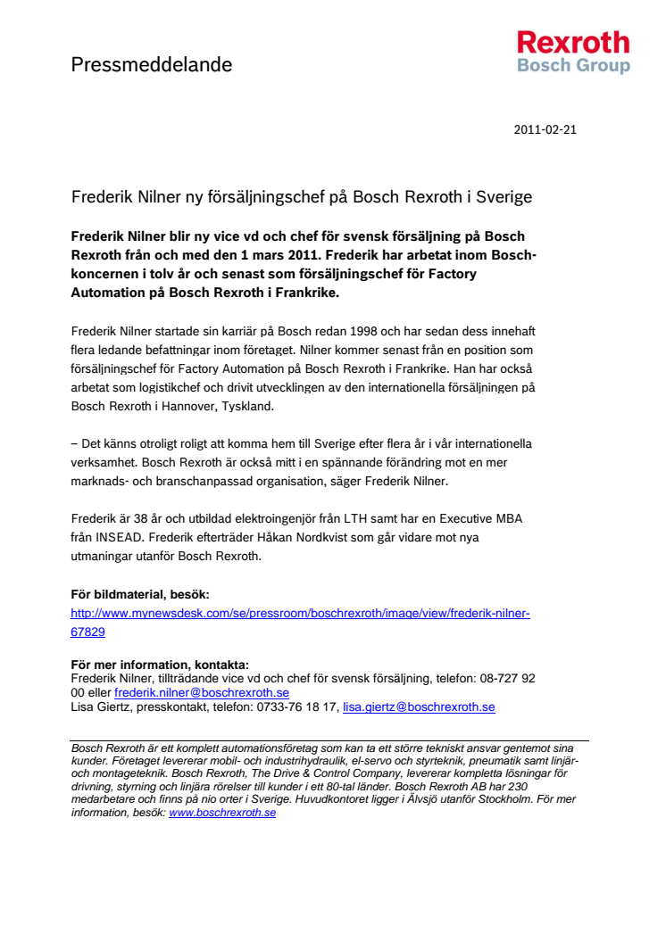 Frederik Nilner ny försäljningschef på Bosch Rexroth i Sverige