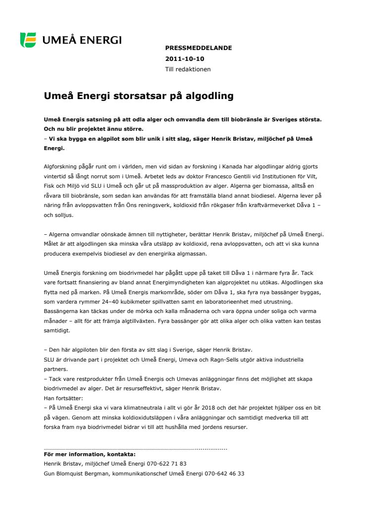 Umeå Energi storsatsar på algodling