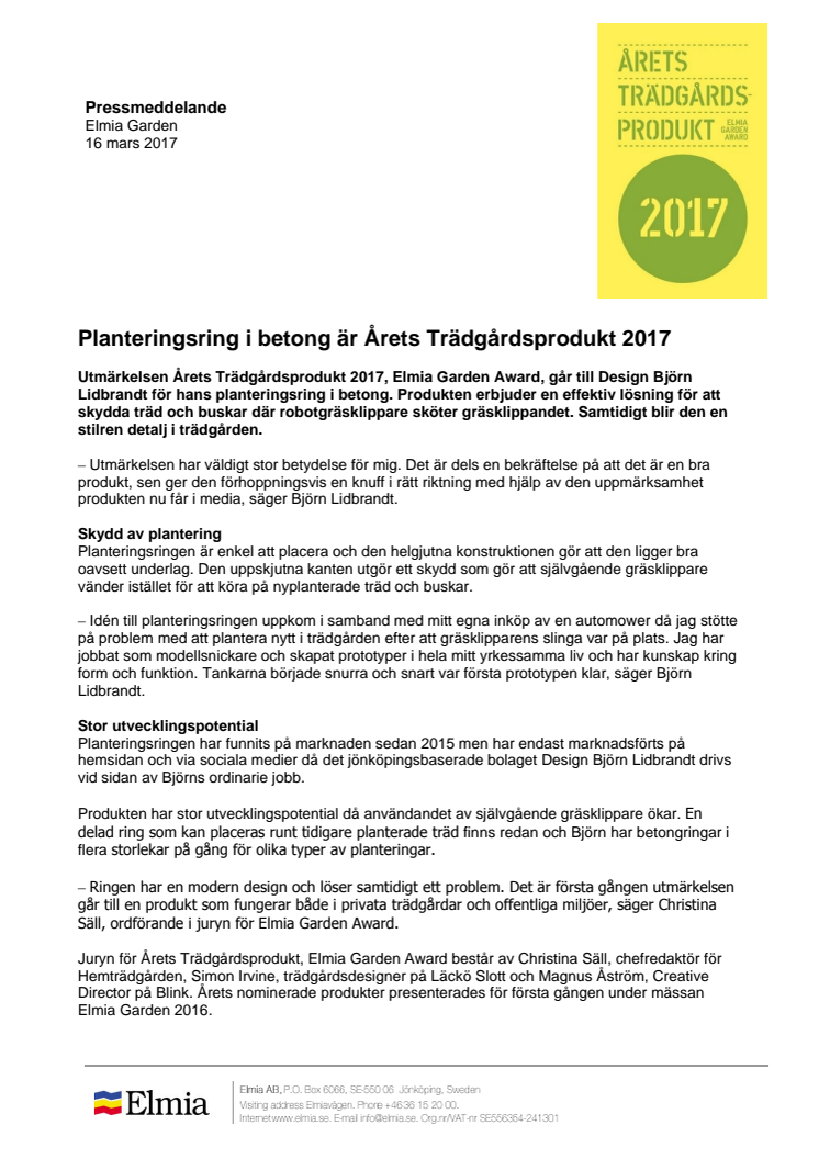 Planteringsring i betong är Årets Trädgårdsprodukt 2017