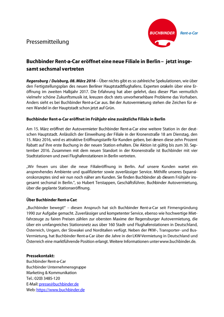 Buchbinder Rent-a-Car eröffnet eine neue Filiale in Berlin –  jetzt insgesamt sechsmal vertreten