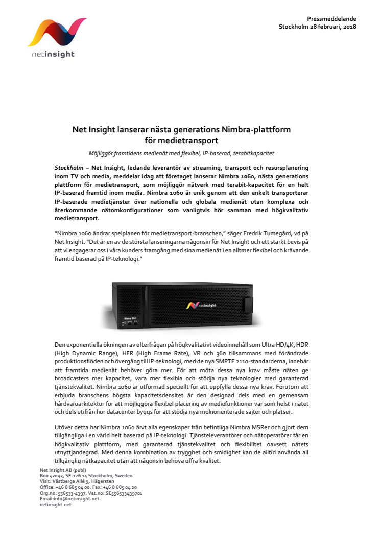 Net Insight lanserar nästa generations Nimbra-plattform  för medietransport
