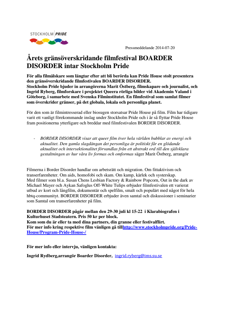 Filmfestivalen BOARDER DISORDER intar Stockholm Pride