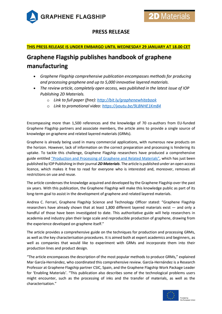 Graphene Flagship publishes handbook of graphene manufacturing