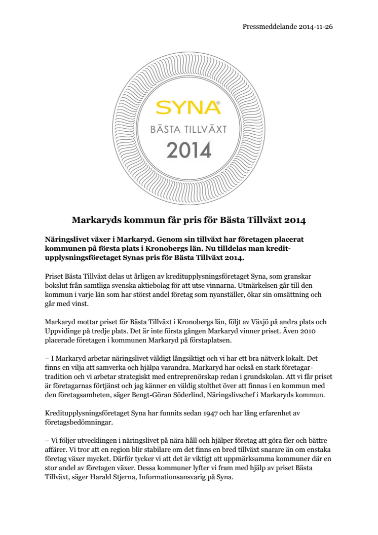 ​Markaryds kommun får pris för Bästa Tillväxt 2014