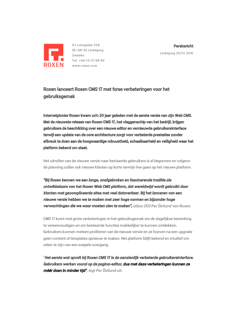 Roxen lanceert Roxen CMS 17 met forse verbeteringen voor het gebruiksgemak