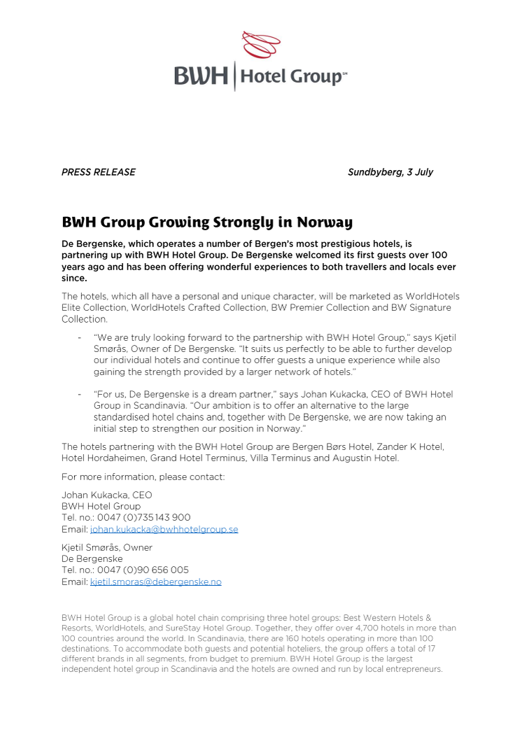 BWH Hotel Group vokser kraftig i Norge