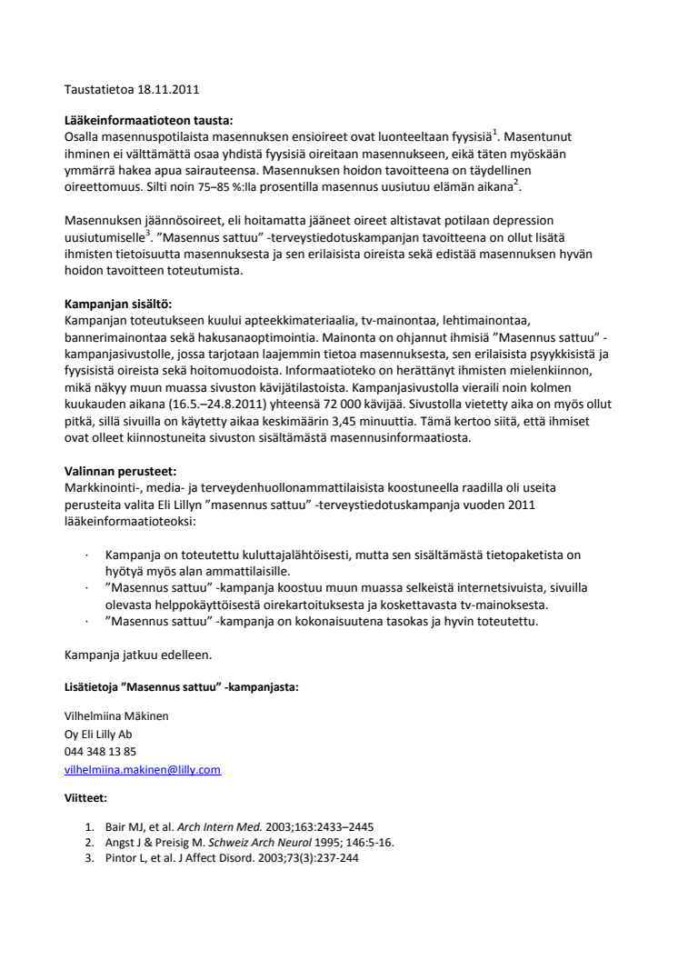 ”Masennus sattuu” -kampanja vuoden lääkeinformaatioteko