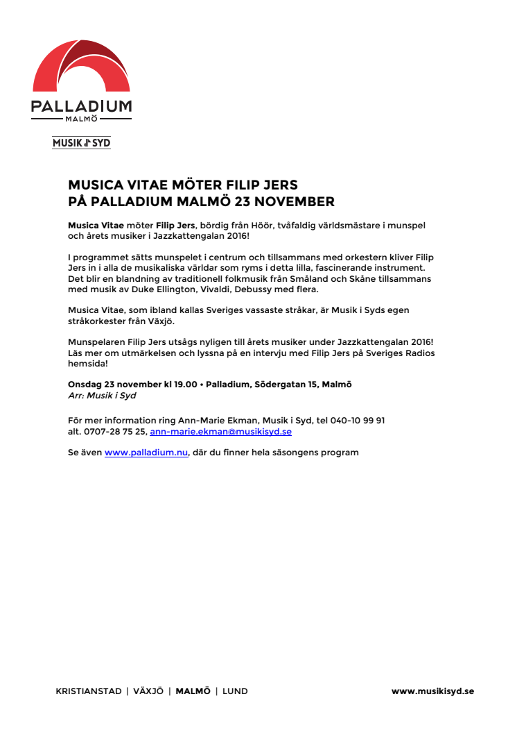 Musica Vitae möter Filip Jers på Palladium Malmö 23 november