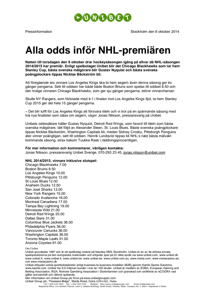 Alla odds inför NHL-premiären