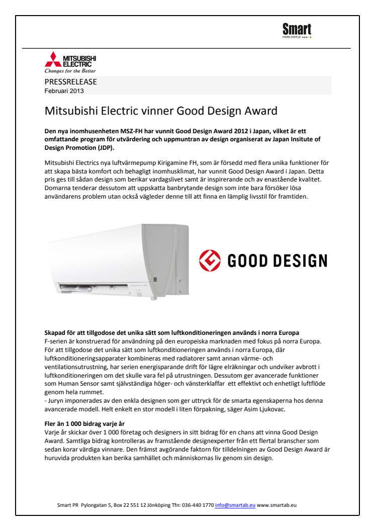 Mitsubishi Electric vinner Good Design Award
