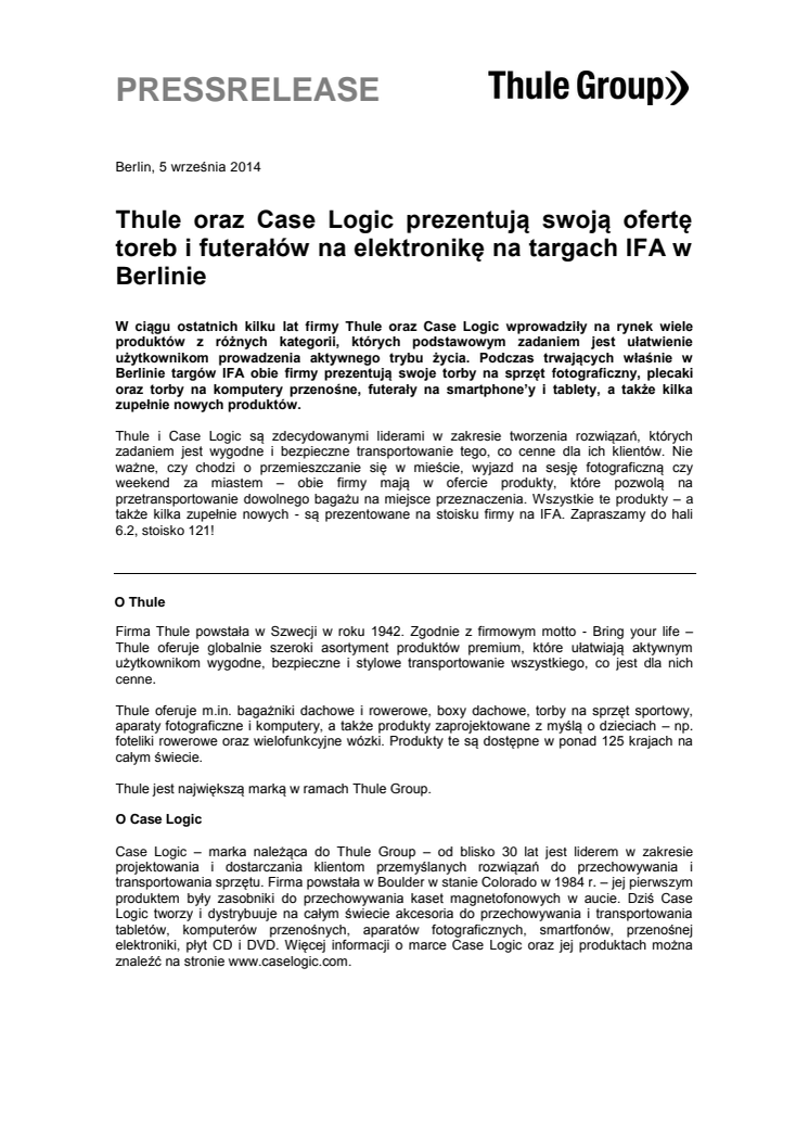 Thule oraz Case Logic prezentują swoją ofertę toreb i futerałów na elektronikę na targach IFA w Berlinie