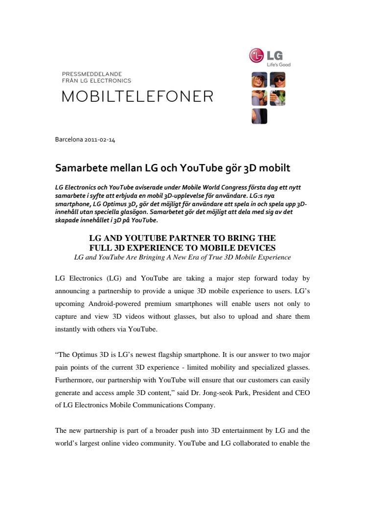 Samarbete mellan LG och YouTube gör 3D mobilt