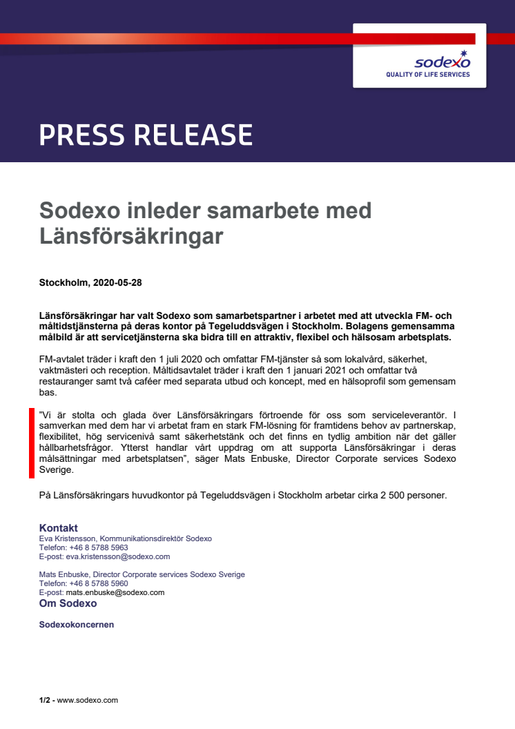 Sodexo inleder samarbete med Länsförsäkringar