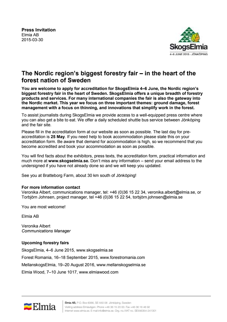 Press Invitation: The Nordic region’s biggest forestry fair – in the heart of the forest nation of Sweden