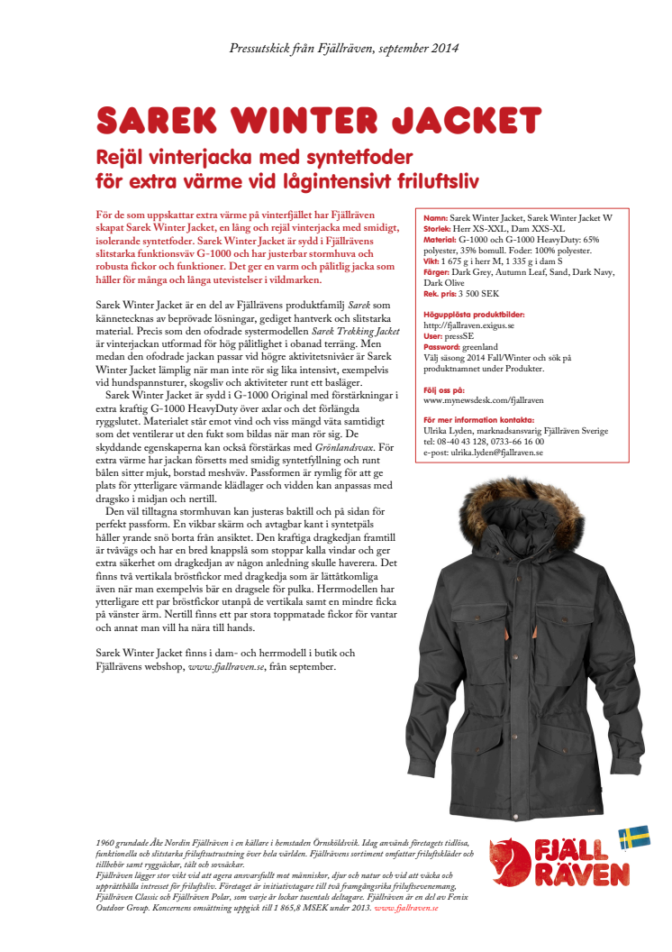 Sarek Winter Jacket - rejäl vinterjacka med syntetfoder 