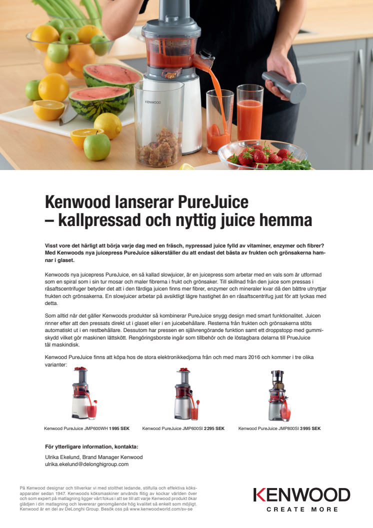Kenwood lanserar PureJuice – kallpressad och nyttig juice hemma
