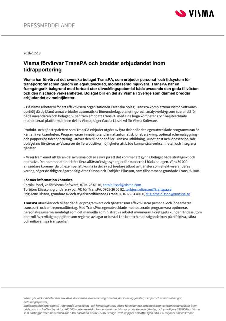Visma förvärvar TransPA och breddar erbjudandet inom tidrapportering