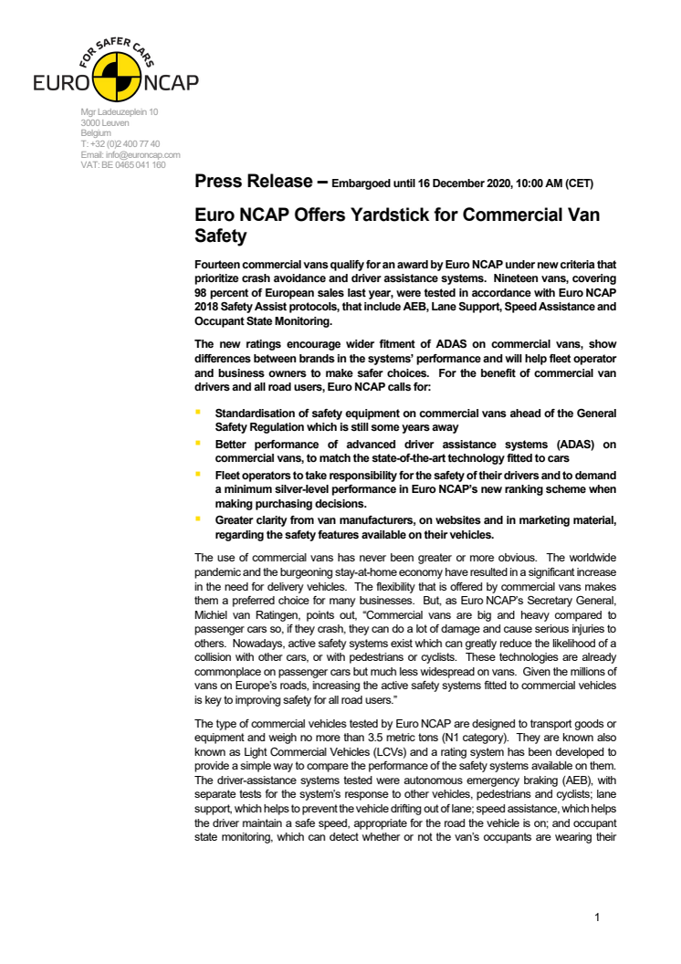 Euro NCAP Commercial Van Testing press release