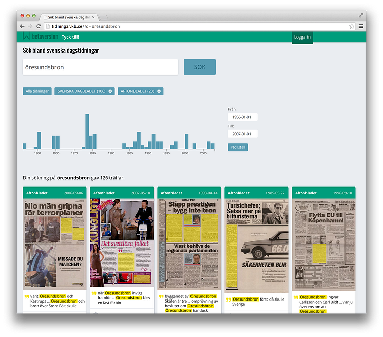 Exempel på visning av KB:s nya söktjänst i digitaliserade dagstidningar