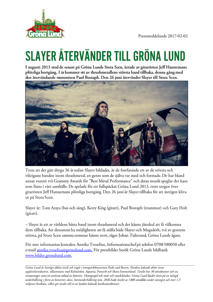 Slayer återvänder till Gröna Lund