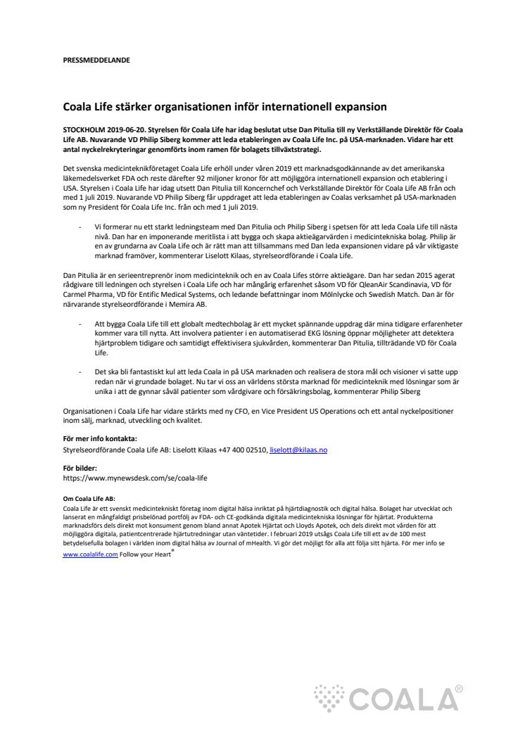 Coala Life stärker organisationen inför internationell expansion