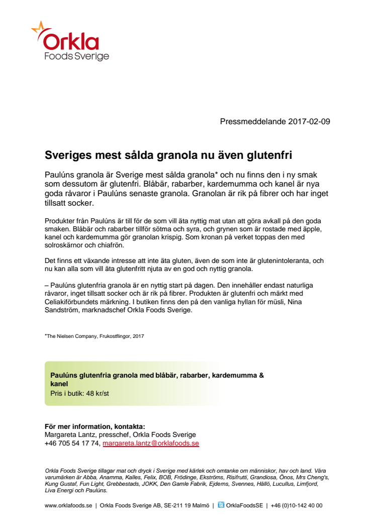 Sveriges mest sålda granola nu även glutenfri 