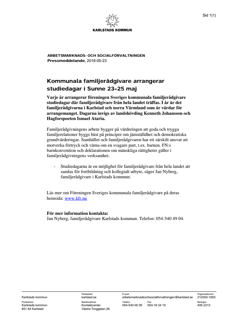 Kommunala familjerådgivare arrangerar studiedagar i Sunne 23–25 maj