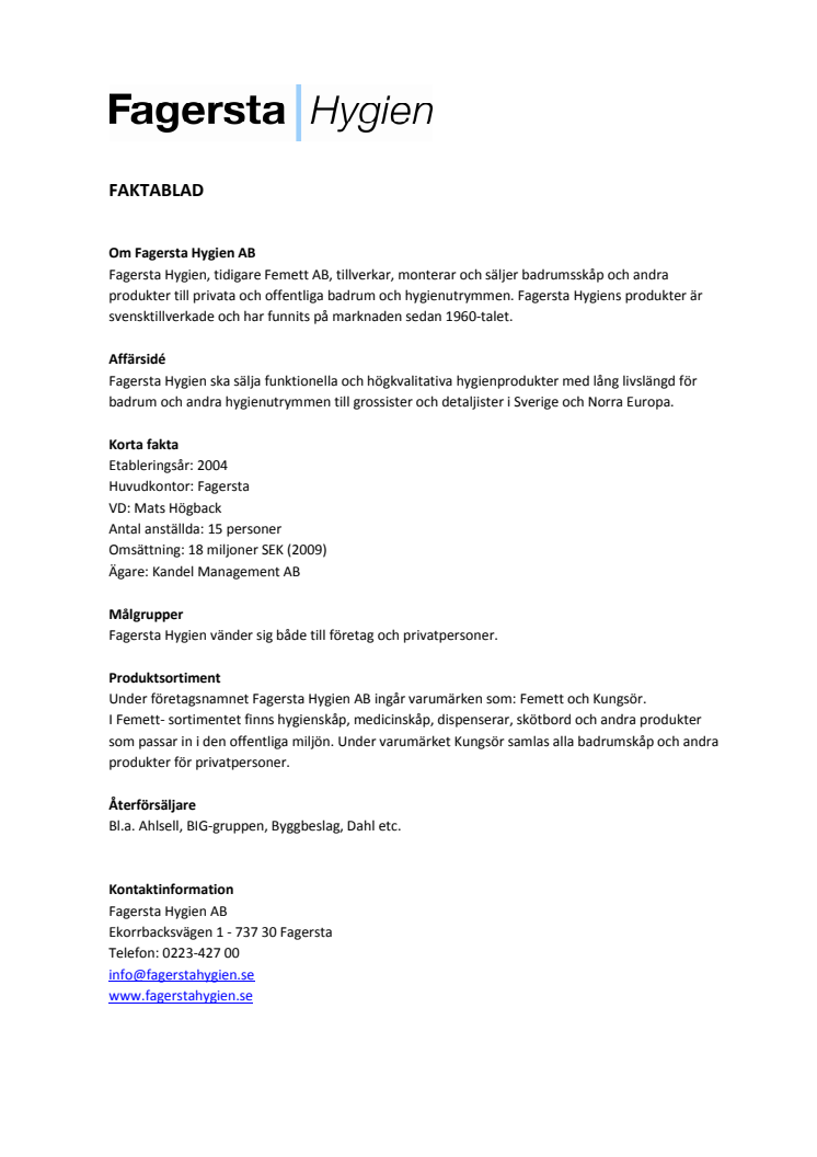 Faktablad, Fagersta Hygien