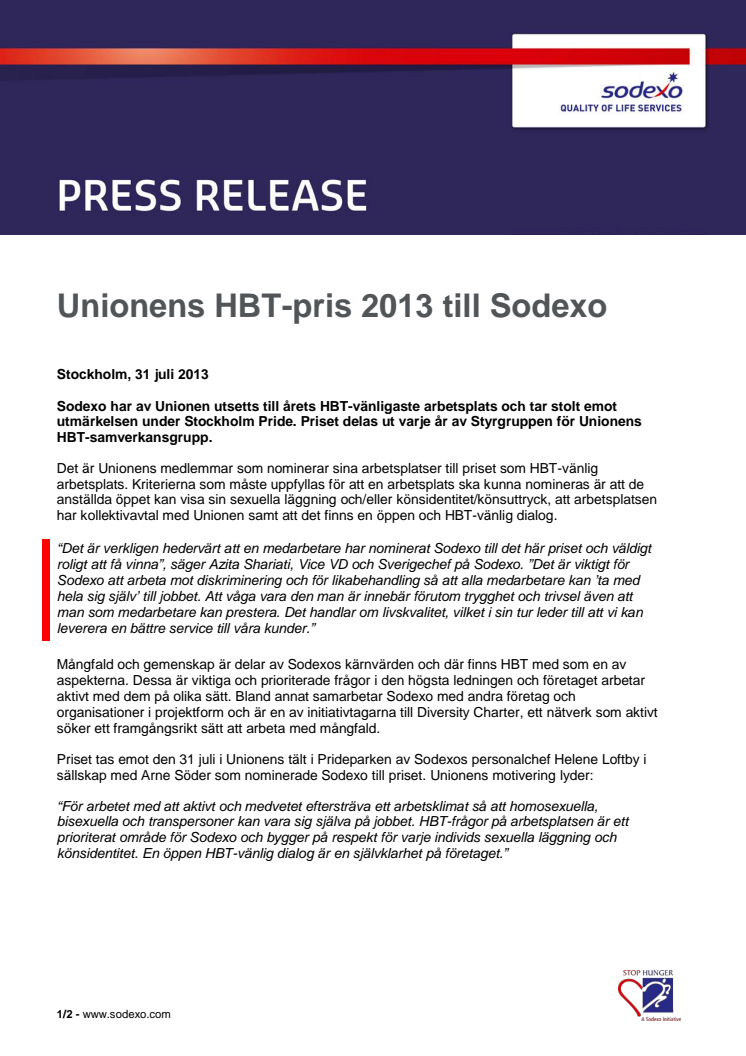 Unionens HBT-pris 2013 till Sodexo