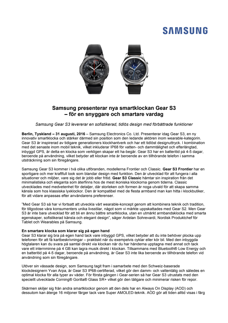 Samsung presenterar nya smartklockan Gear S3  – för en snyggare och smartare vardag