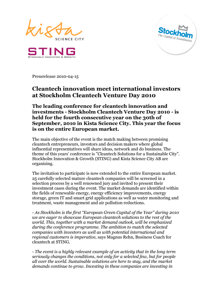 Cleantech innovation meet international investors at Stockholm Cleantech Venture Day 2010