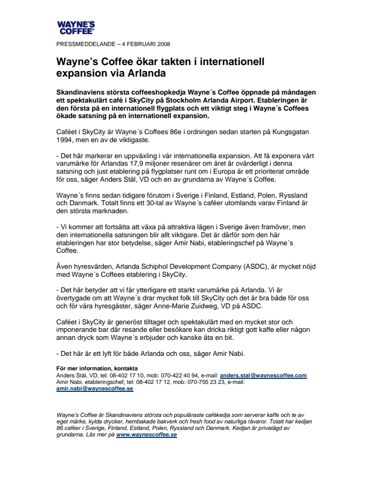 Wayne’s Coffee ökar takten i internationell expansion via Arlanda