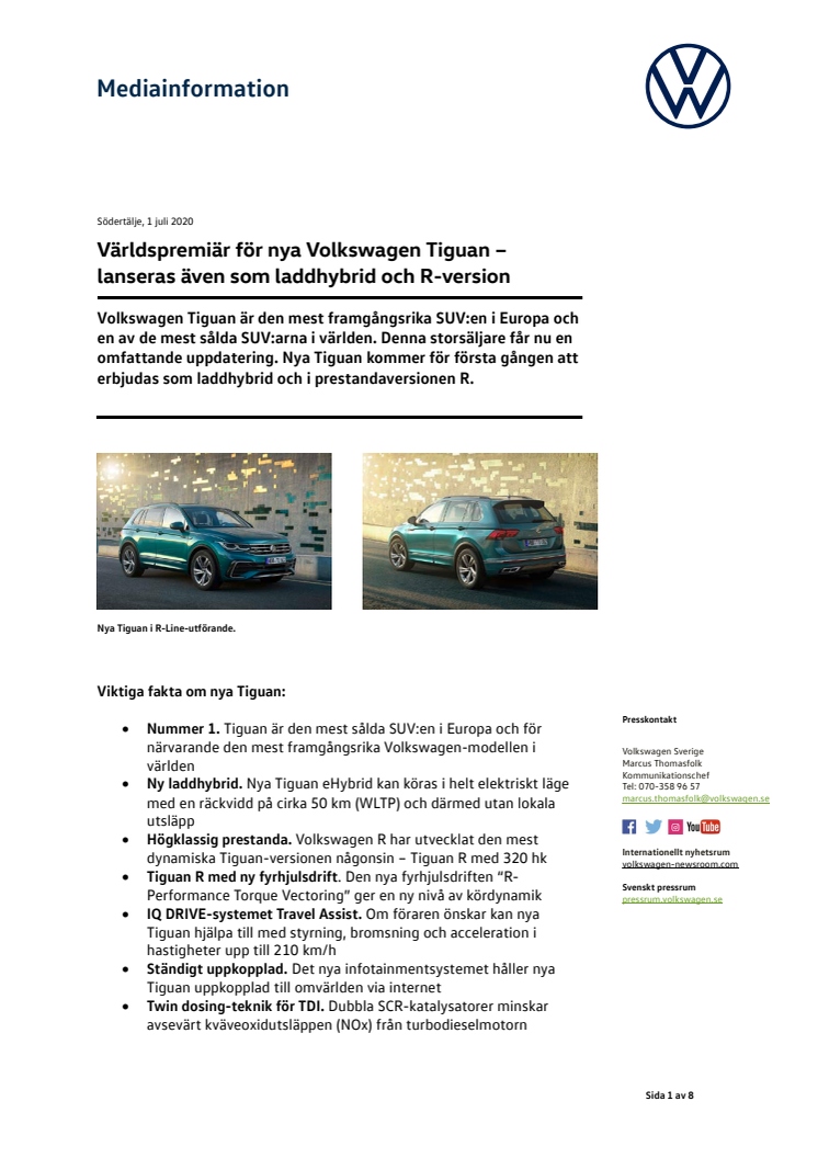 Världspremiär för nya Volkswagen Tiguan – lanseras även som laddhybrid och R-version