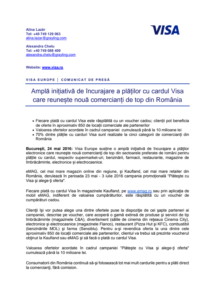 Amplă inițiativă de încurajare a plăților cu cardul Visa care reunește nouă comercianți de top din România