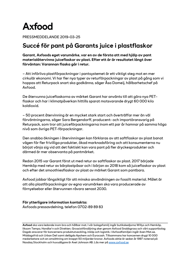 Succé för pant på Garants juice i plastflaskor