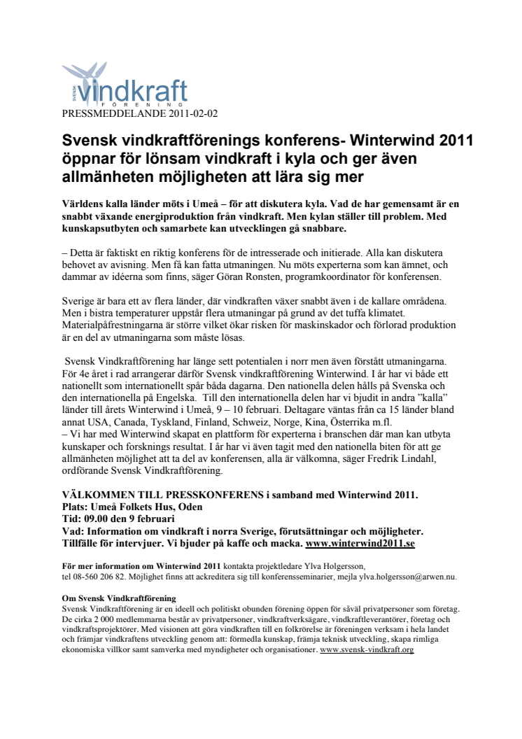 Winterwind 2011- Svensk vindkraftförenings konferens öppnar för lönsam vindkraft i kyla