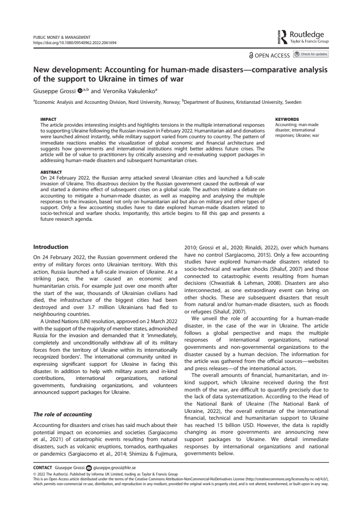 New development: Accounting for human-made disasters—comparative analysis of the support to Ukraine in times of war