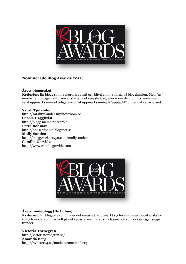 Nominerade till Blog Awards 2012