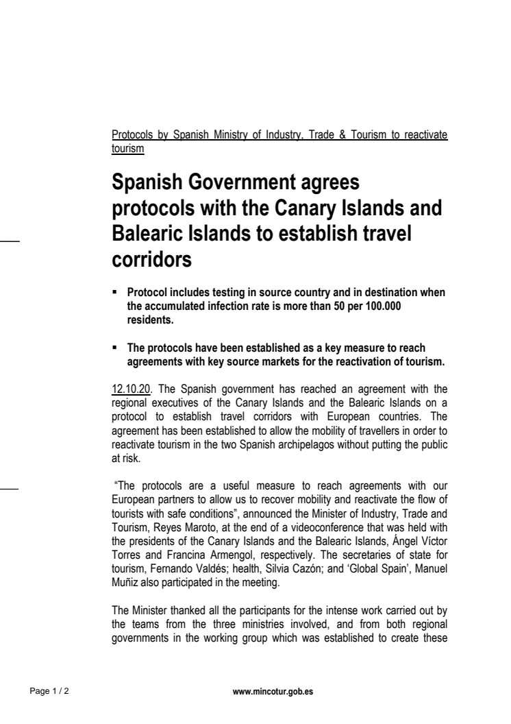 Spanish Government agrees protocols with the Canary Islands and Balearic Islands to establish travel corridors