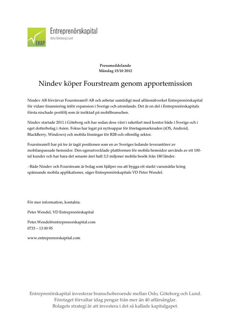 Nindev köper Fourstream genom apportemission