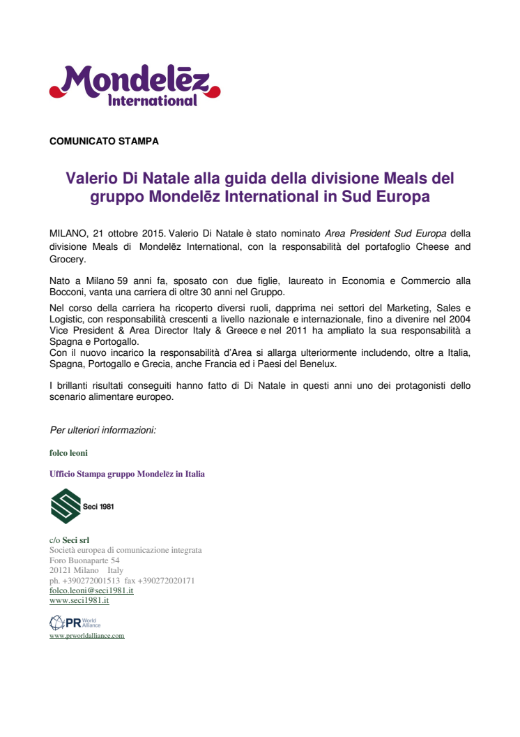 Valerio Di Natale alla guida della divisione Meals del gruppo Mondelēz International in Sud Europa