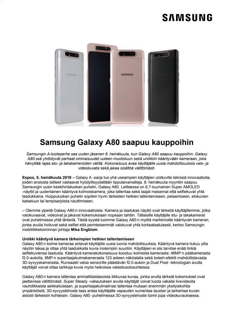 Samsung Galaxy A80 saapuu kauppoihin