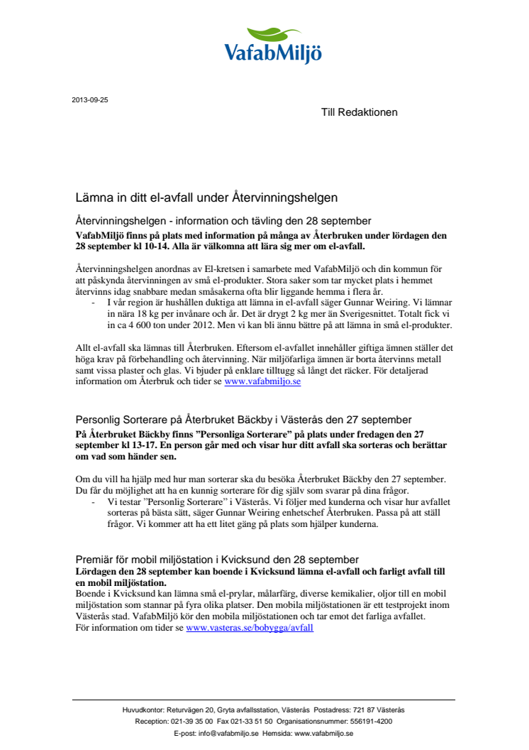 Lämna in ditt el-avfall under Återvinningshelgen