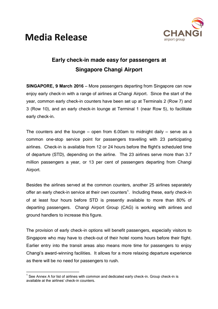 Early check-in made easy for passengers at Singapore Changi Airport