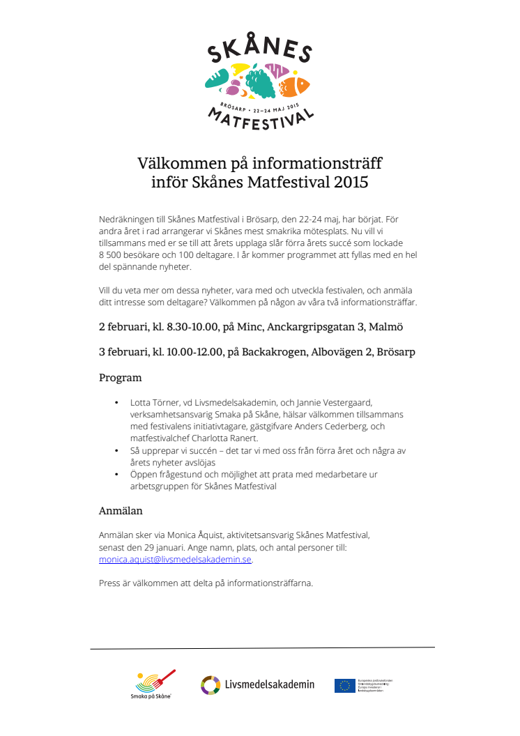 PRESSINBJUDAN: Välkommen på informationsträff inför Skånes Matfestival 2015