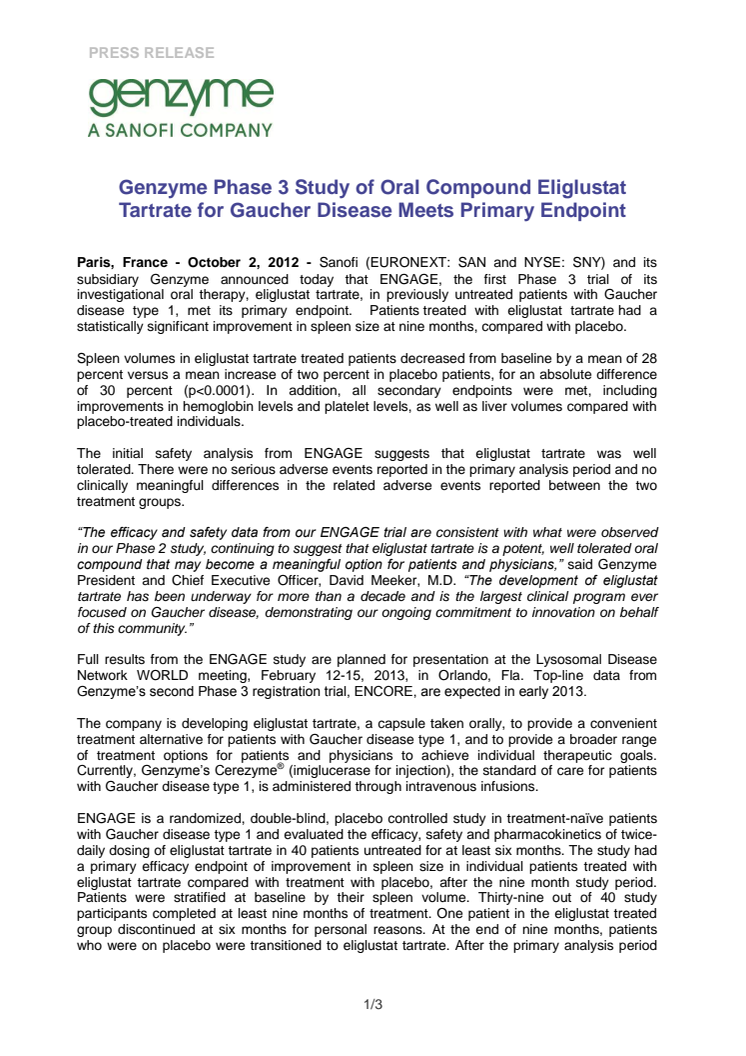   Genzyme Phase 3 Study of Oral Compound Eliglustat Tartrate for Gaucher Disease Meets Primary Endpoint