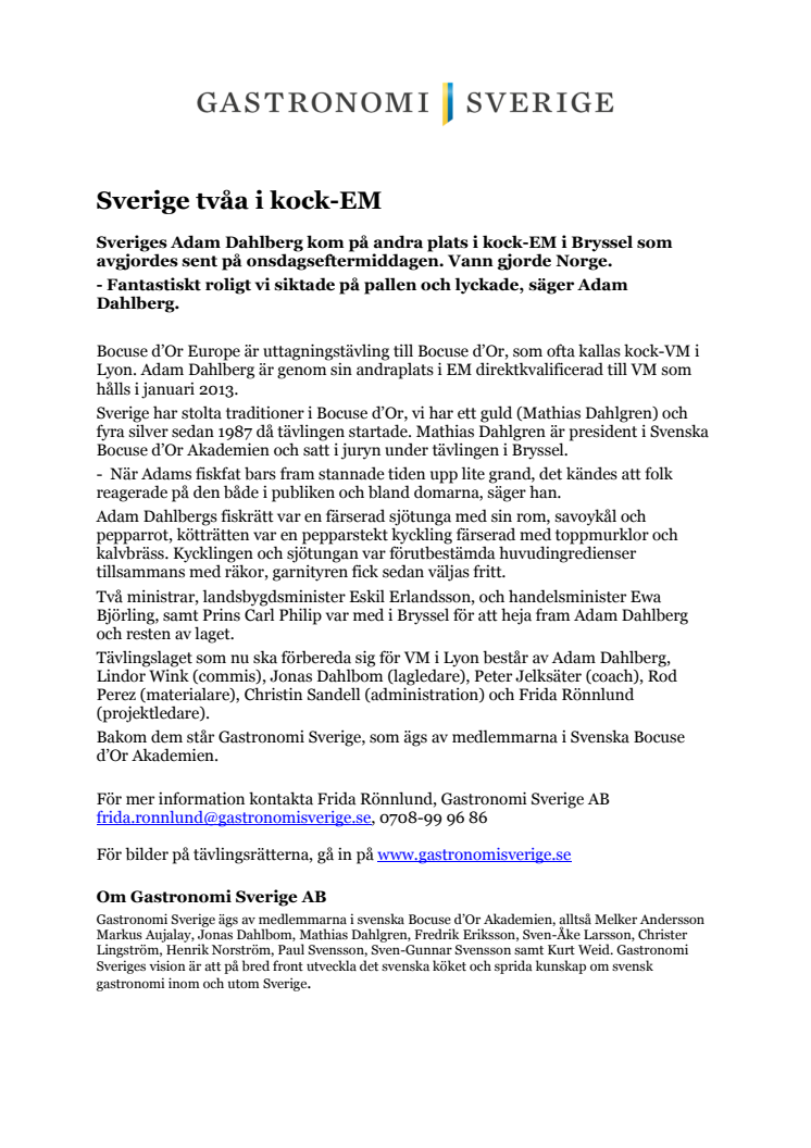 Sverige tvåa i kock-EM