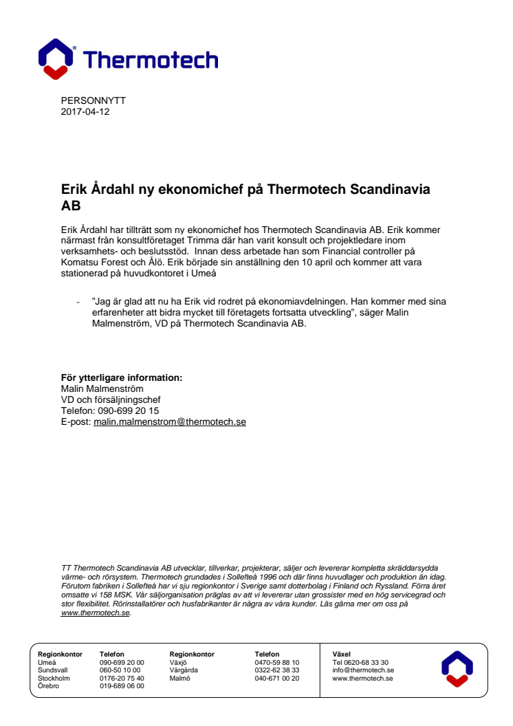 Erik Årdahl ny ekonomichef på Thermotech Scandinavia AB